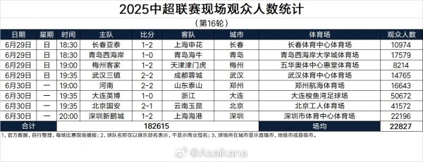 2025中超职业联赛  现场观赛人群  人数统计（第16轮）