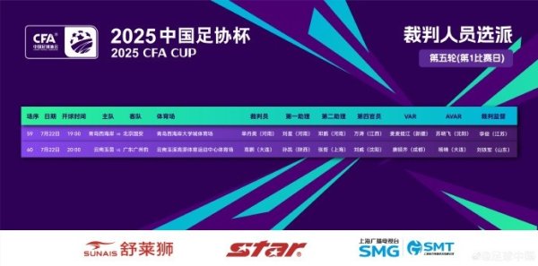 足协杯今日裁判    安排：麦麦提江、唐顺齐分别出任两场赛事