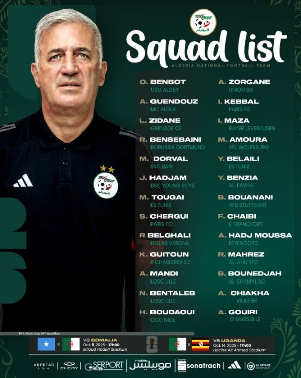 阿尔及利亚大名单：马赫雷斯、本塞拜尼领衔，齐达内之子卢卡入选