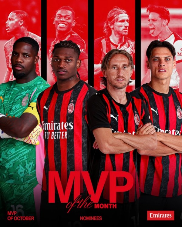 米兰官方列10月最佳候选4人名单：莫德里奇、莱奥、迈尼昂、里奇