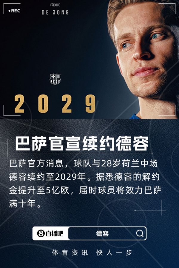 中场球员大将续约！官方：巴萨与德容续约至2029年，据悉解约